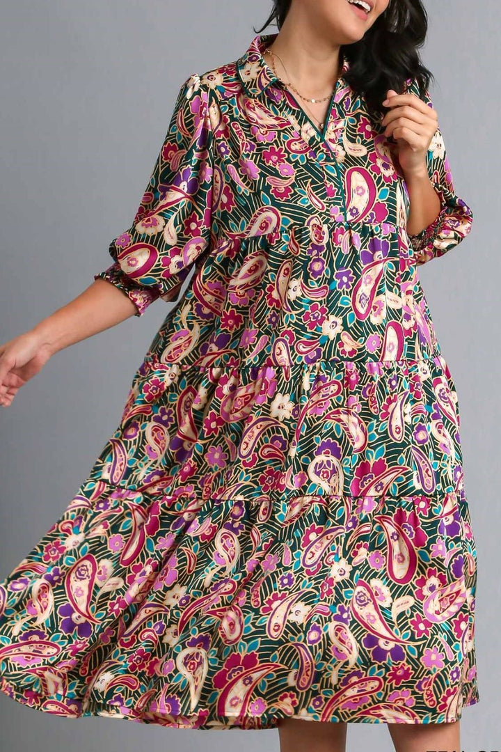 Umgee Full Size Paisley Print Satin Tiered Midi Dress Plus Size