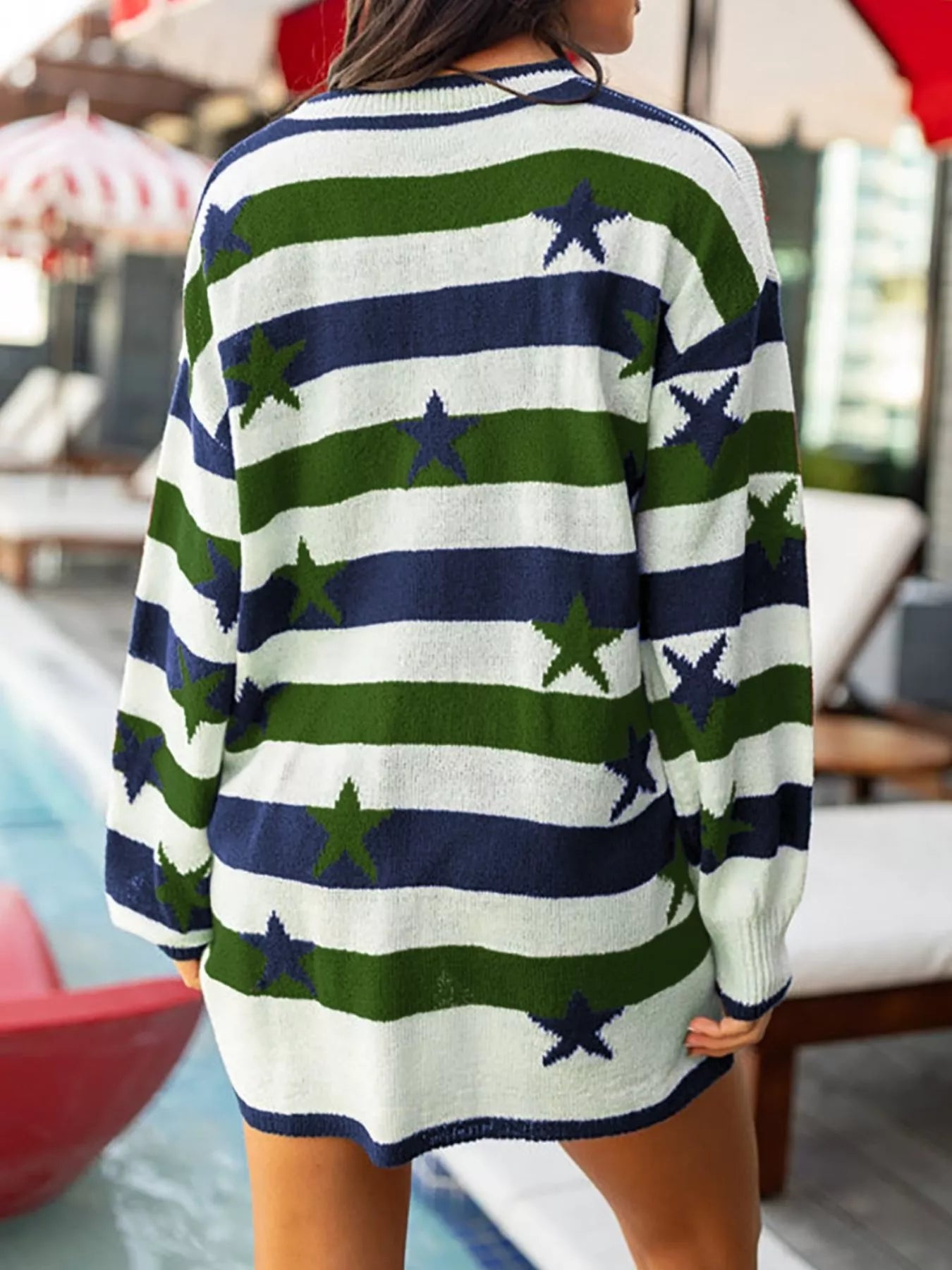 Daverri Stars and Stripes cozy oversized knit sweater with green navy stripes stars