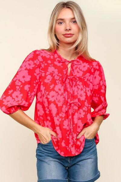 Haptics Full Size Ribbon Bow Floral Balloon Sleeve Blouse Blouses