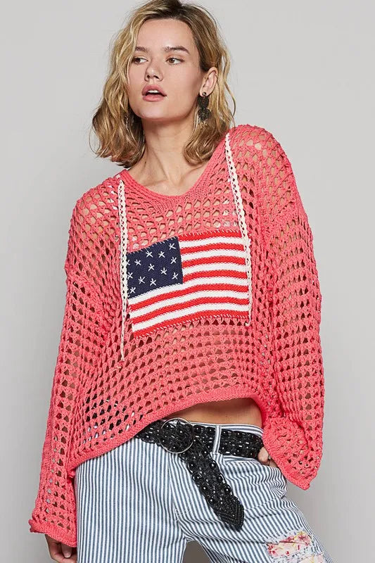 POL US Flag Hollow Out Long Sleeve Knit Cover Up Strawberry