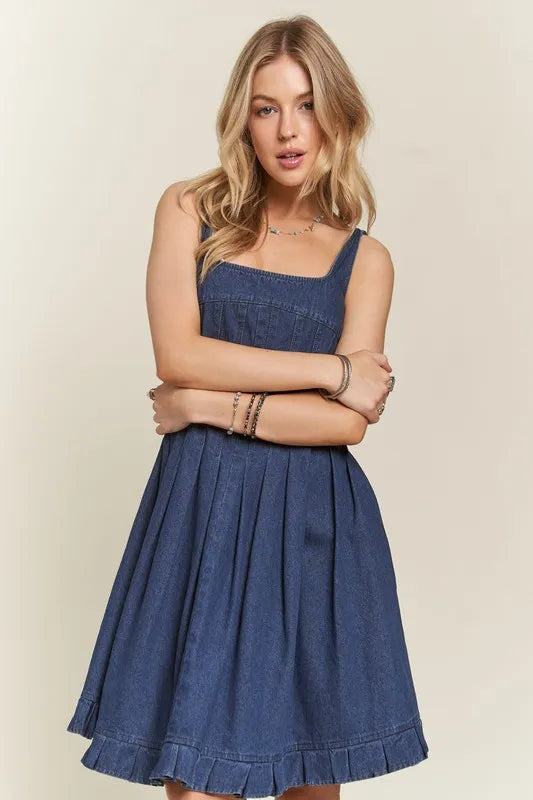 ADORA smocked back square neck denim dress with flared ruffled hem