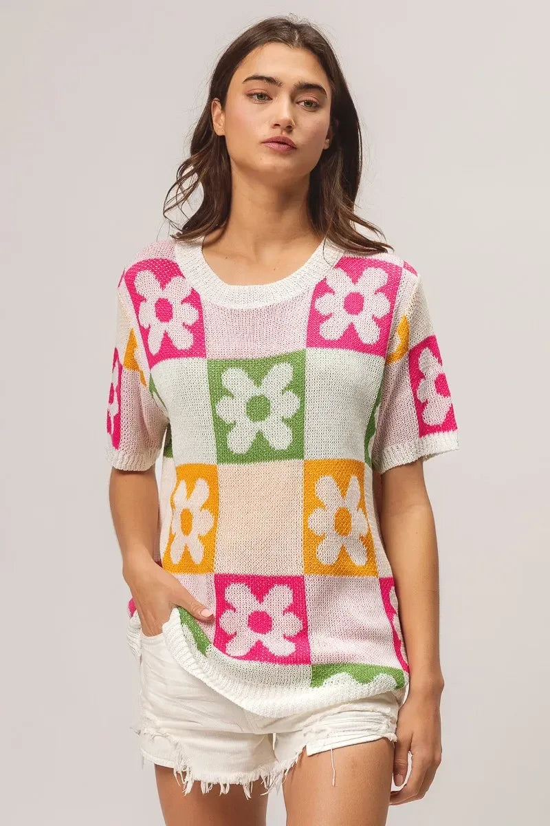 BiBi Flower Checker Pattern Lightweight Sweater Top - DAVERRI FASHIONS