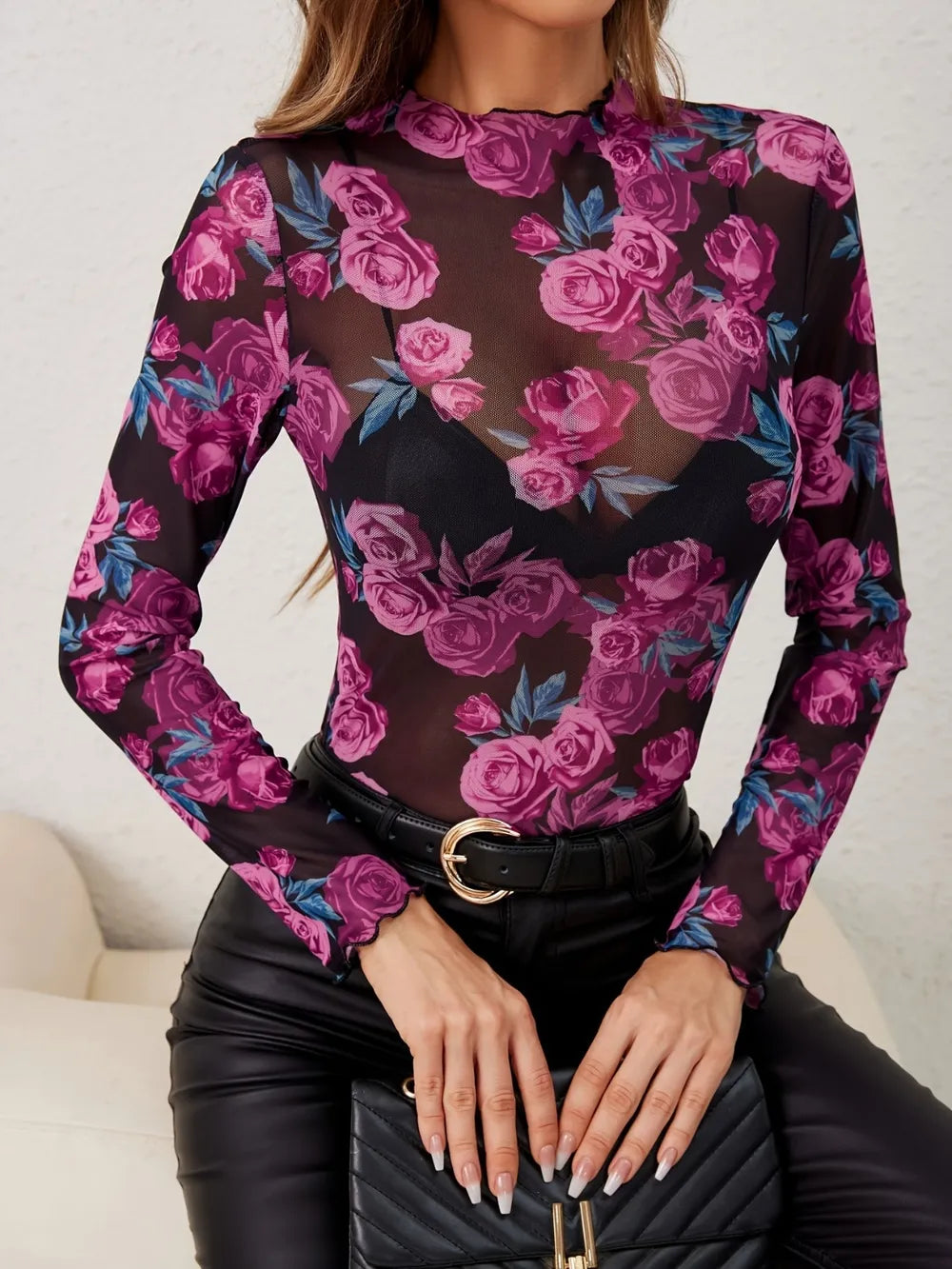 Floral Mock Neck Long Sleeve Top | Tops Daverri Fashions