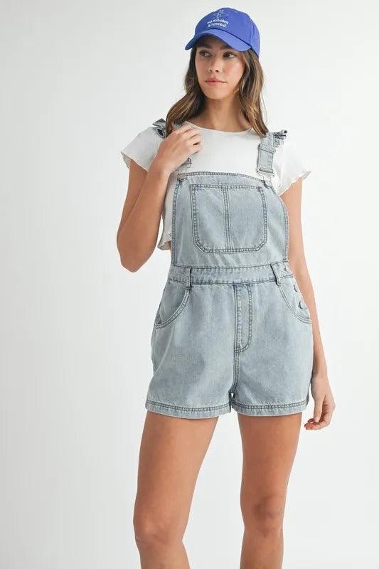 MABLE Square Neck Ruffle Shoulder Denim Overall Romper Shortalls
