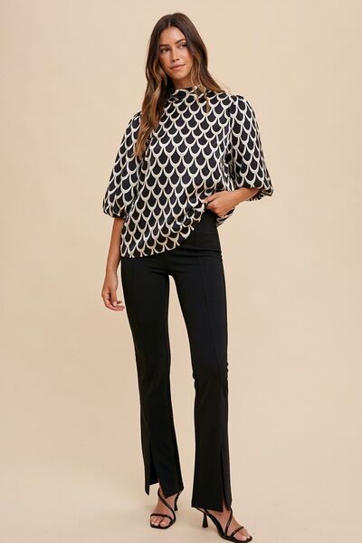 Annie Wear Tie Back Abstract Print Mock Neck Half Sleeve Blouse Blouses