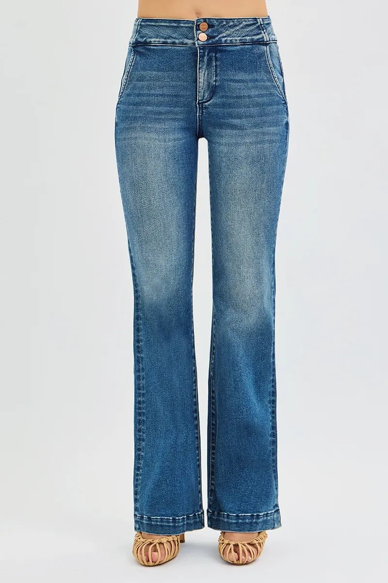 DARK RISEN Full SIze Tummy Control High Rise Bootcut Jeans with Double Button Waistband Plus SIze | Daverri Fashions