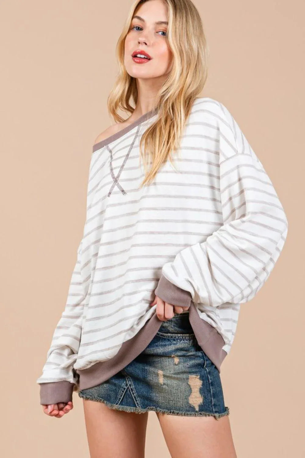 Ces Femme Striped Round Neck Drop Shoulder Sweatshirt - DAVERRI FASHIONS