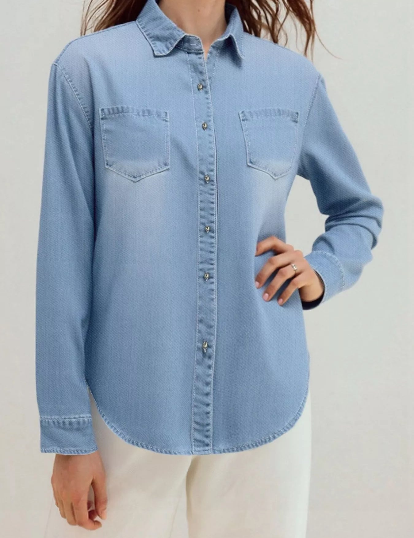 Light blue Daverri Fashions plus size button-up long sleeve denim shirt with chest pockets