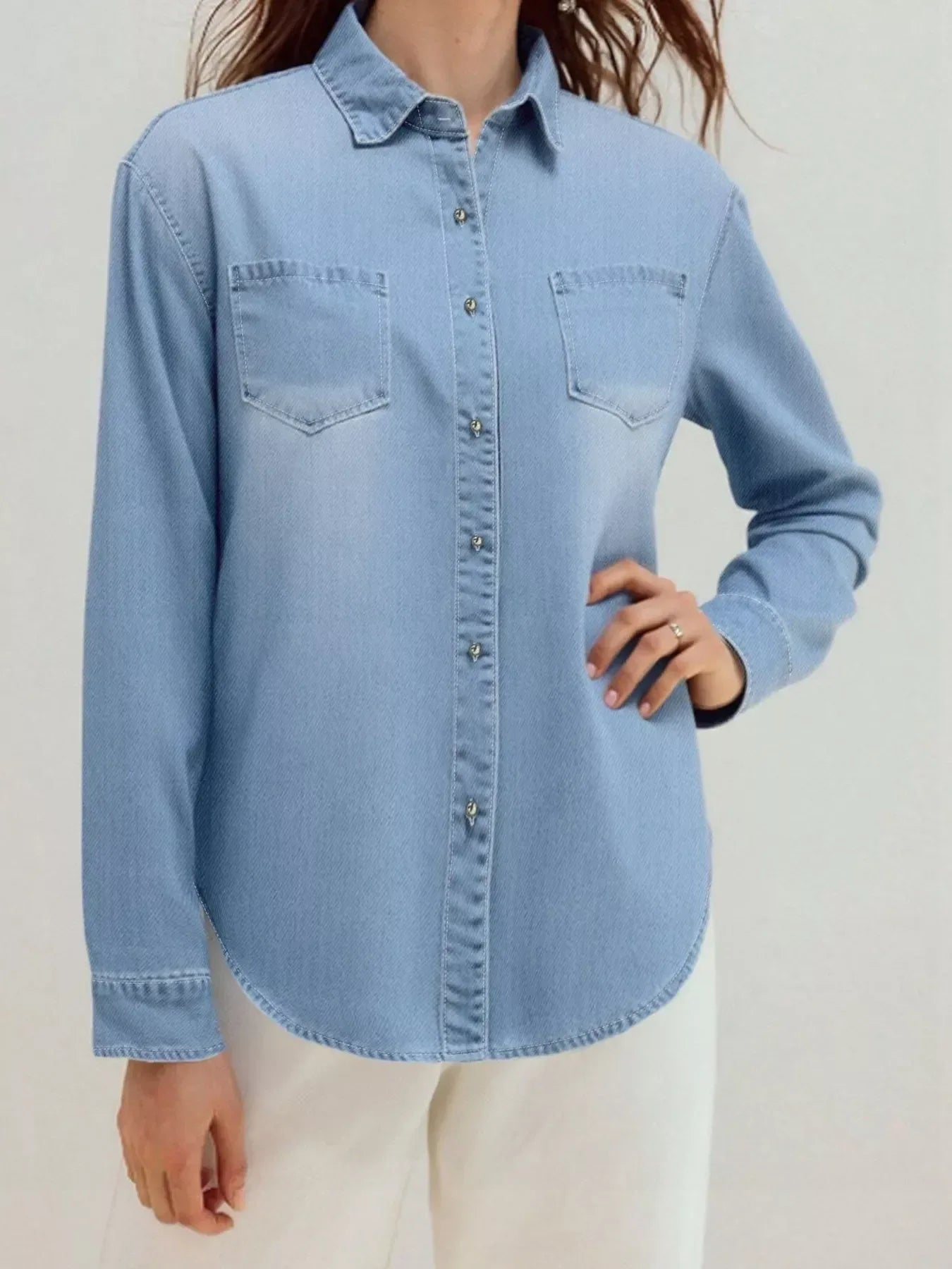 Daverri Fashions Full Size Button-Up Long Sleeve Denim Shirt Plus Size - DAVERRI FASHIONS