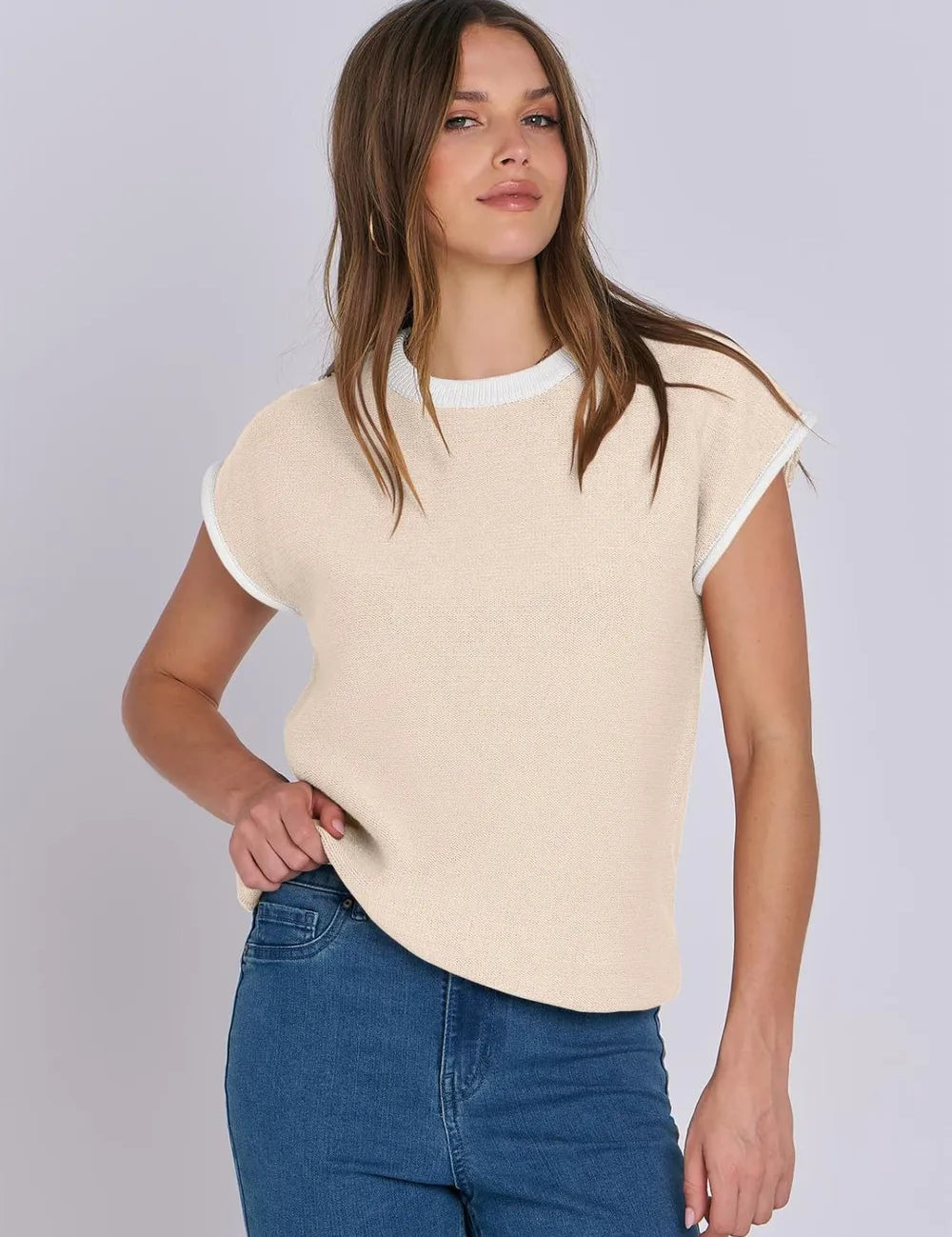Contrast Round Neck Cap Sleeve Sweater | Sweaters Daverri Fashions