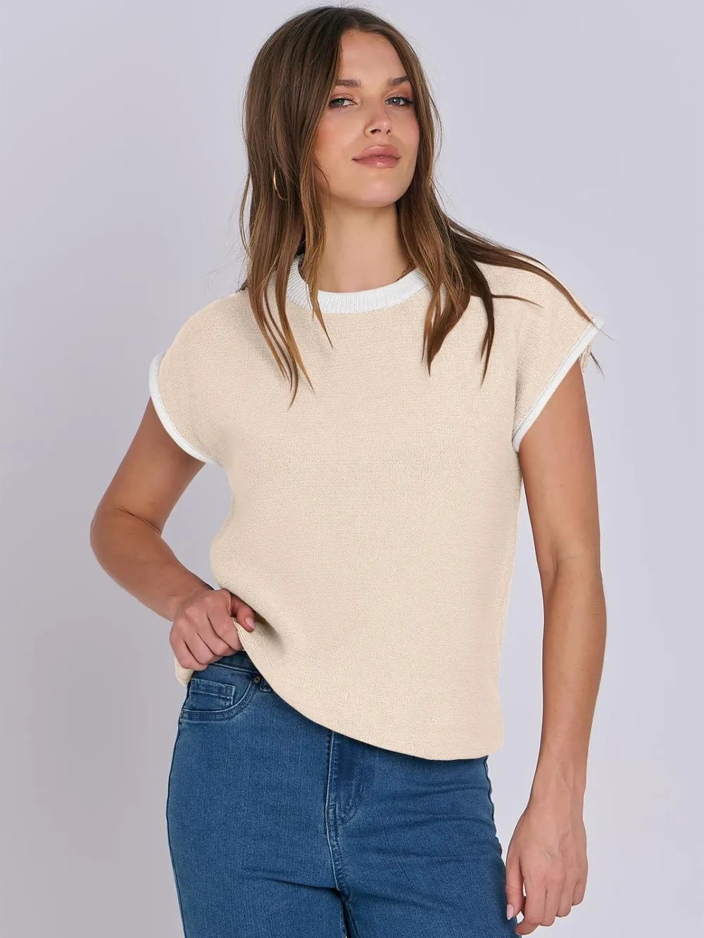 Contrast Round Neck Cap Sleeve Sweater | Sweaters Daverri Fashions