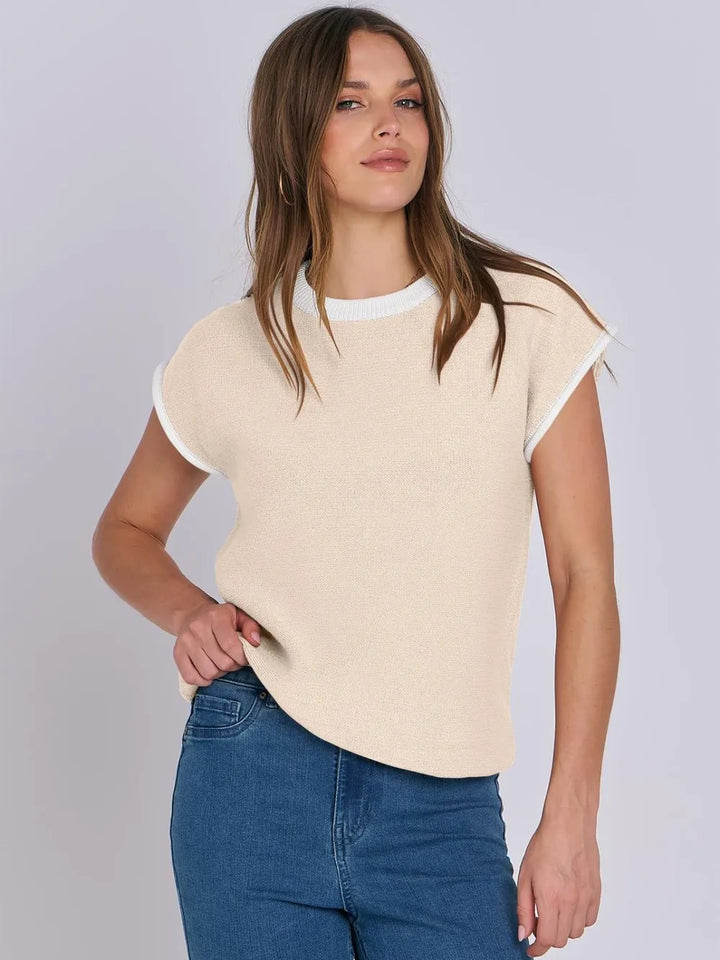 Contrast Round Neck Cap Sleeve Sweater | Sweaters Daverri Fashions