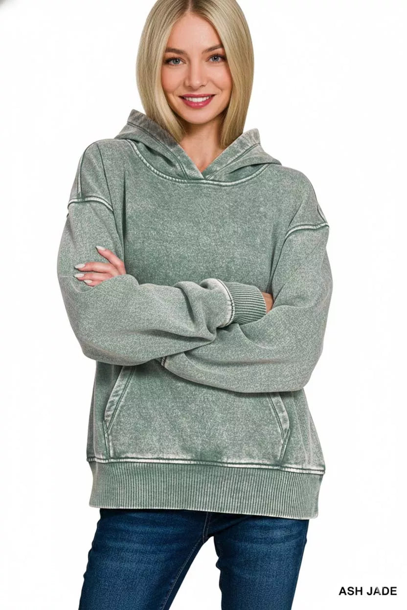 Zenana Fleece Acid Wash Kangaroo Pocket Hoodie | Daverri Fashions