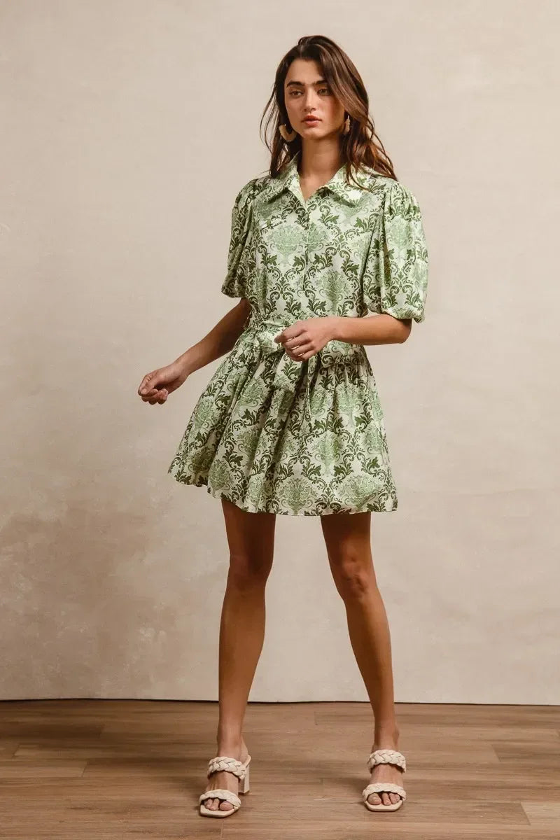 BiBi Tied Floral Short Sleeve Mini Shirt Dress - DAVERRI FASHIONS