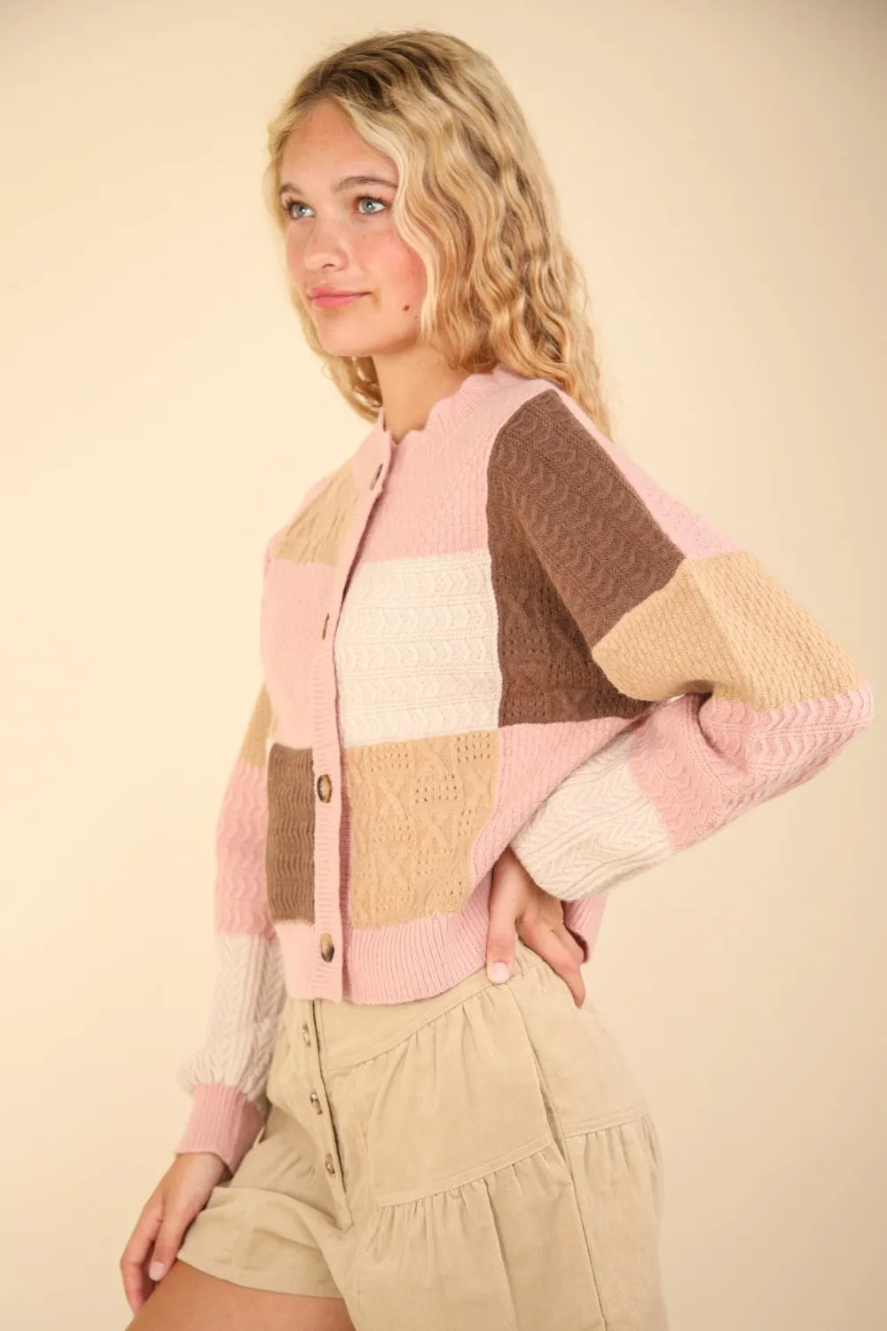 VERY J Color Block Button Down Textured Sweater Cardigan Cardigans
