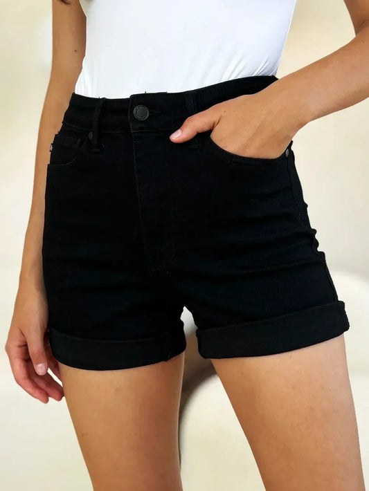 Judy Blue Full Size High Waist Tummy Control Cuffed Denim Shorts - DAVERRI FASHIONS