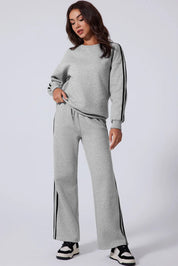 Side Striped Round Neck Top and Pants Active Set | Loungewear Sets Daverri Fashions