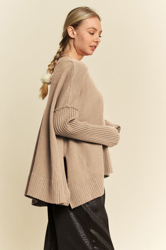 Davi & Dani Ribbed Side Slit V-Neck Sweater Tops