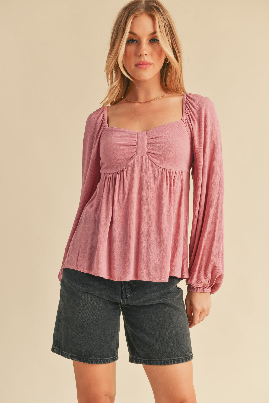 Aemi + Co Ruched Sweetheart Neck Balloon Sleeve Blouse Dusty Pink