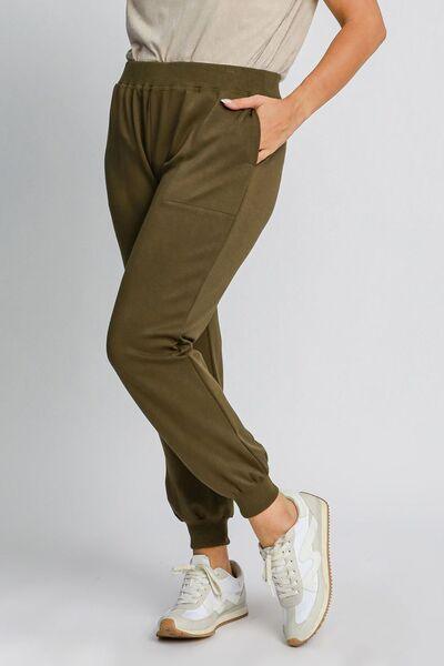 Umgee Full Size High Rise Elastic Waist Knit Joggers with Pockets Joggers