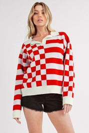 Aemi + Co Striped & Checkered Drop Shoulder Sweater Red