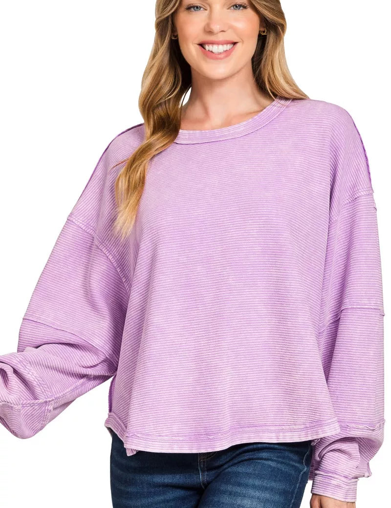 LAVENDER Zenana Acid Washed Exposed-Seam Sweatshirt | Sweatshirts Daverri Fashions