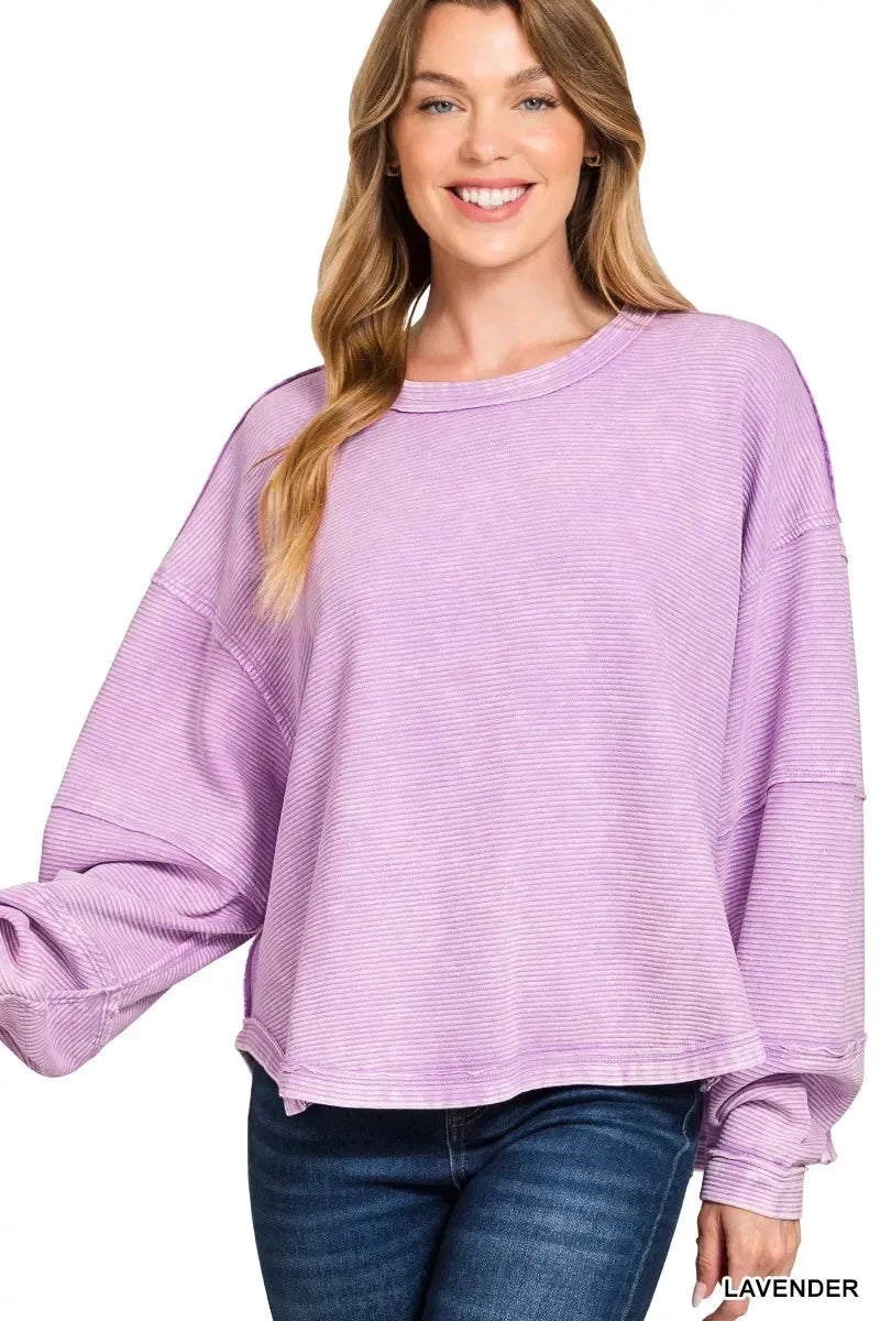 Zenana Acid Washed Exposed-Seam Sweatshirt - DAVERRI FASHIONS