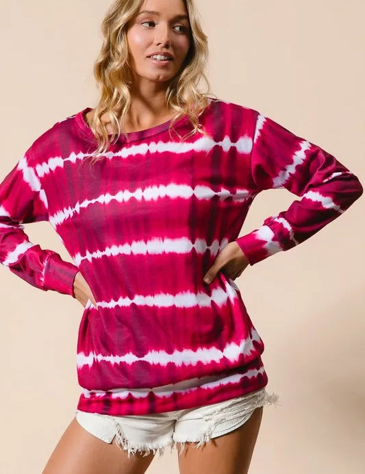 FUCHSIA BiBi Tie Dye Print Terry Sweatshirt | Sweatshirts Daverri Fashions