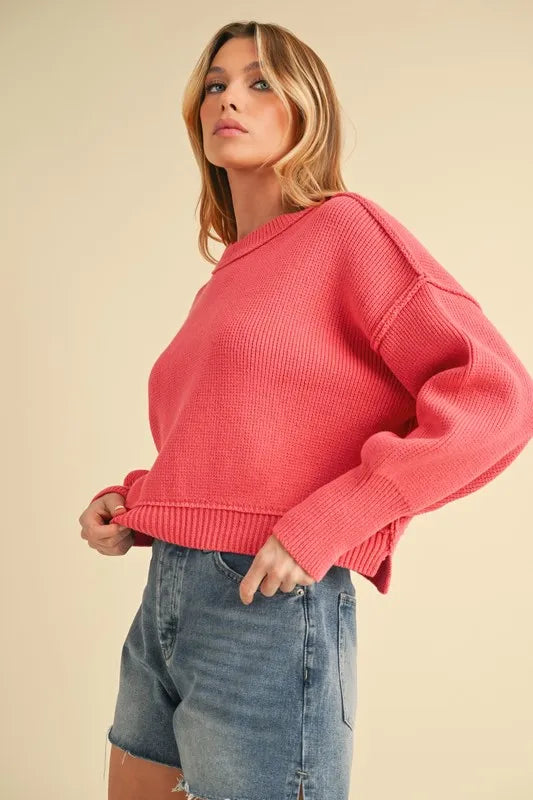 Aemi+Co Ribbed Hem Exposed Seam Round Neck Sweater
