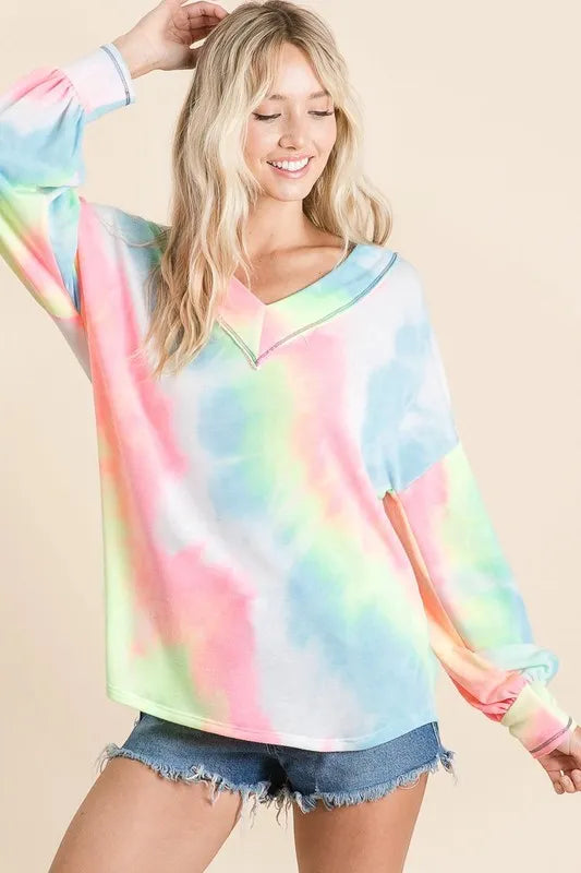 BiBi Tie Dye French Terry V-Neck Top with Puff Sleeves Tops
