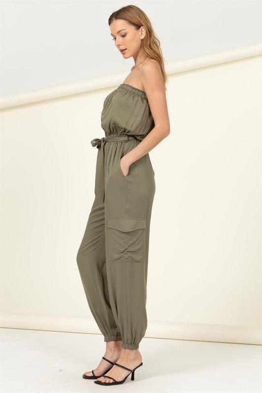 Flap Side Pockets Belted Tube Jumpsuit Jumpsuits