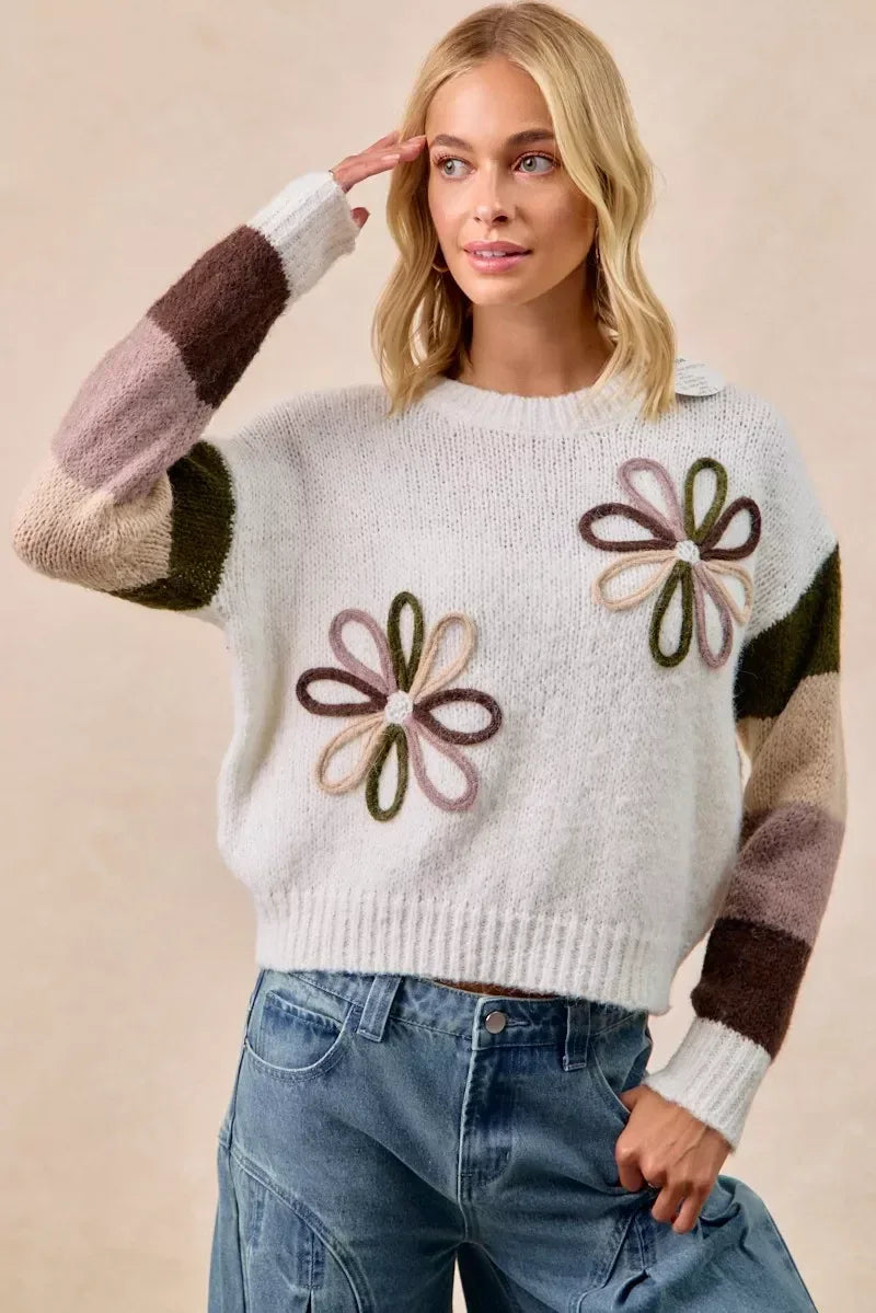 BiBi Flower Color Block Sweater - DAVERRI FASHIONS