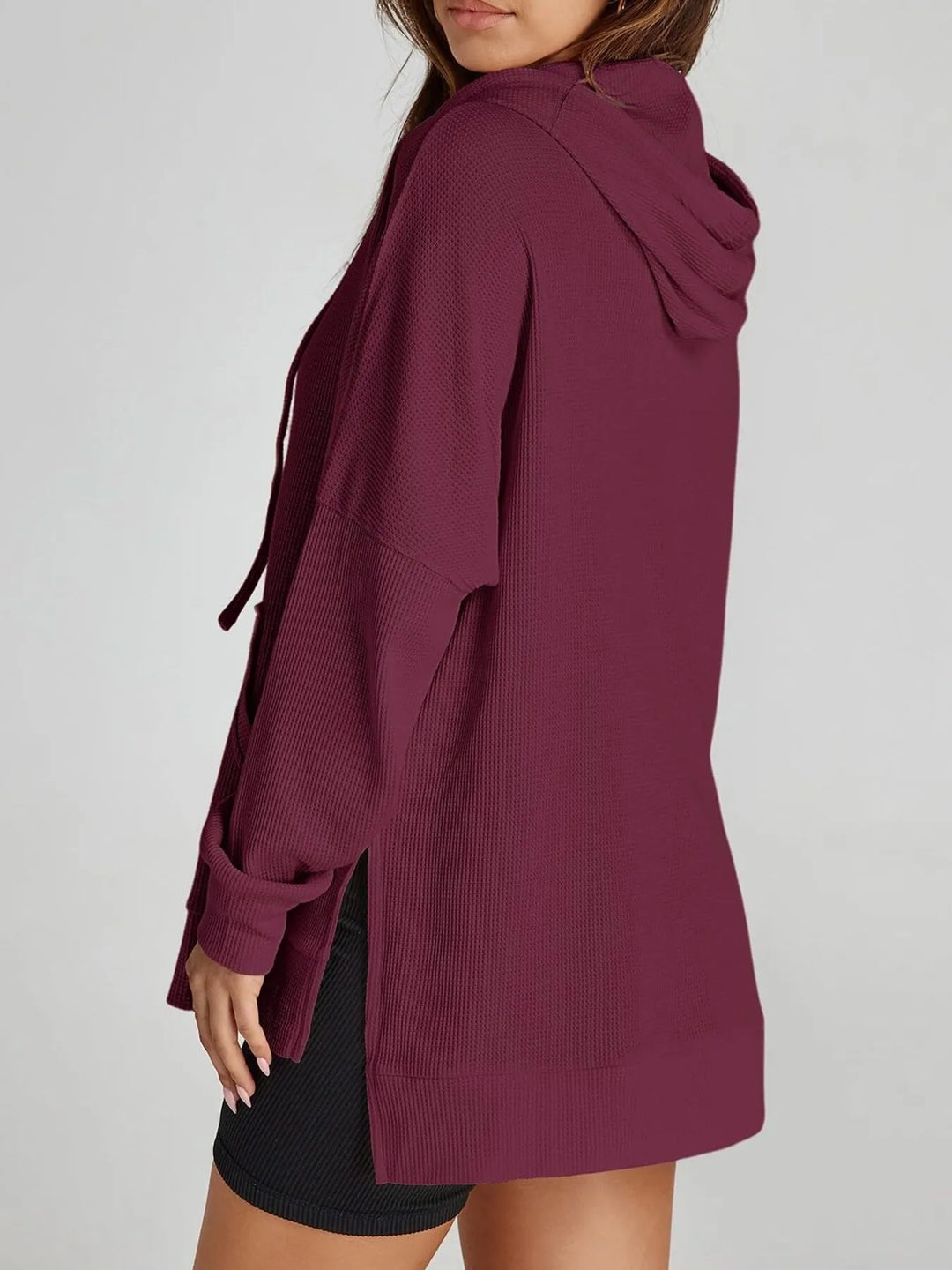 Slit Drawstring Waffle Knit Hoodie | Hoodies Daverri Fashions