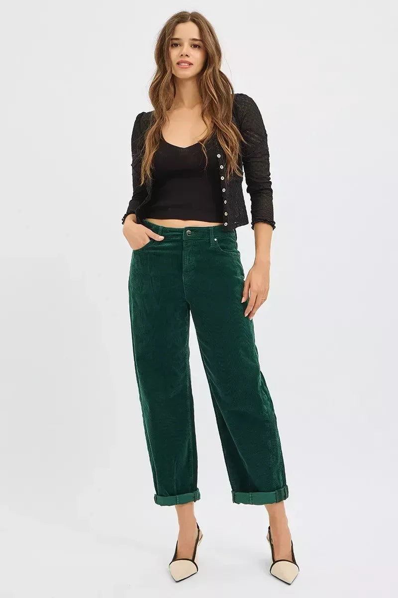 RISEN High Rise Crop Barrel Cordurory Pants - DAVERRI FASHIONS
