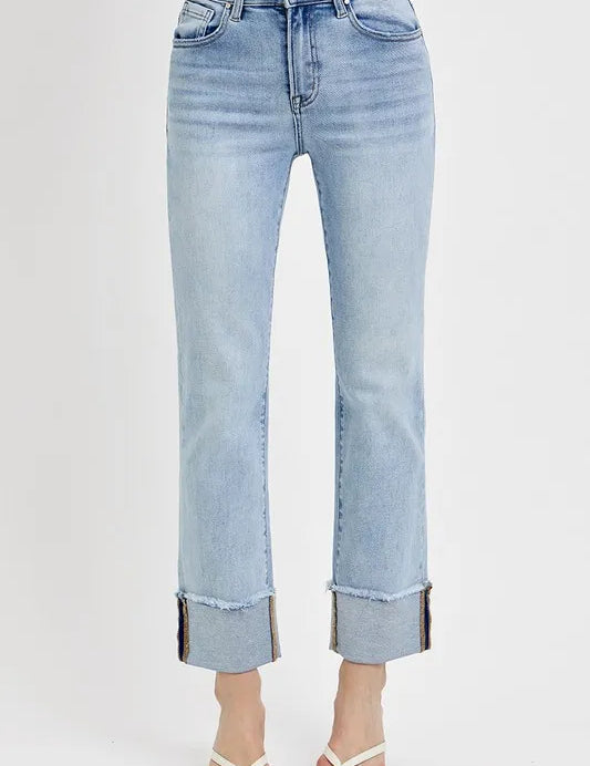 Light RISEN High Rise Straight Cuffed Relaxed Jeans | Jeans Daverri Fashions