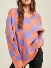 Checkerboard Chic Round Neck Sweater - DAVERRI FASHIONS
