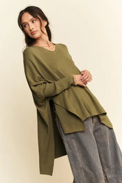 Davi & Dani High-Low Side Slit Batwing Sleeve Top | Knit Tops Daverri Fashions