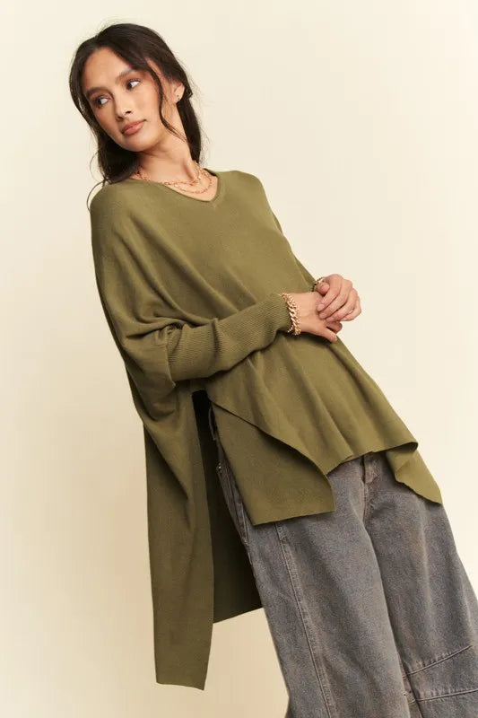 Davi & Dani High-Low Side Slit Batwing Sleeve Top | Knit Tops Daverri Fashions
