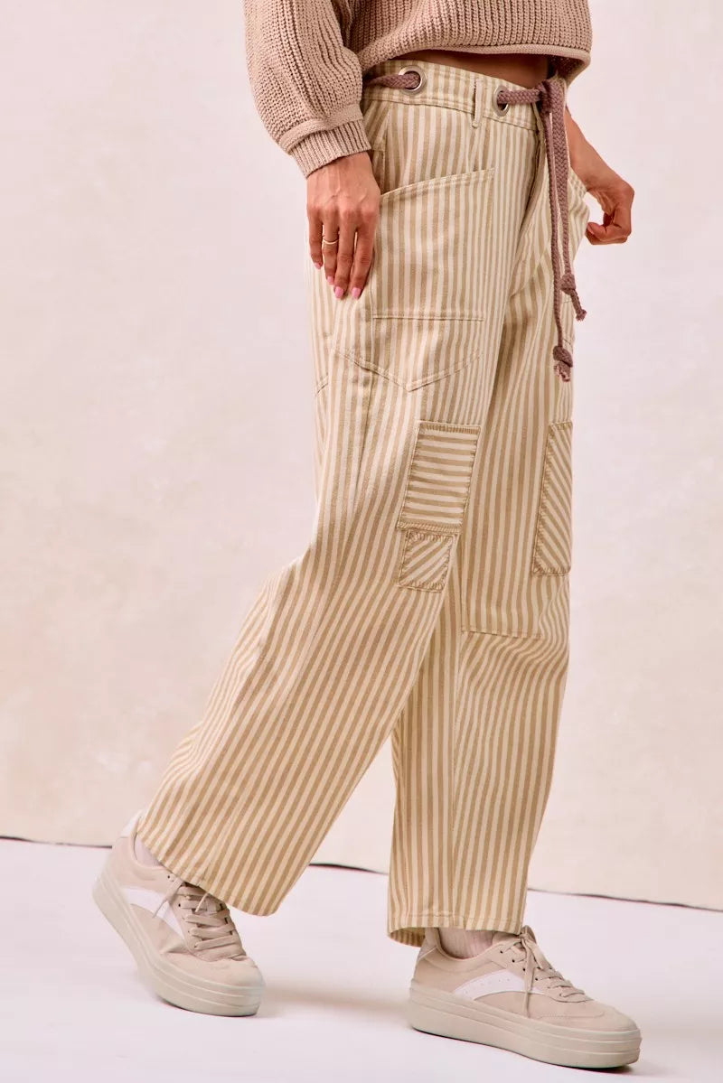 BiBi Drawstring Striped Twill Barrel Pants Oatmeal back view