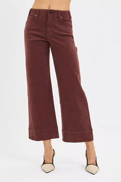 Cropped burgundy RISEN tummy control high-rise wide-leg pants with rolled cuffs