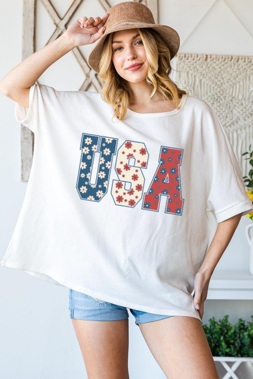 Round Neck Half Sleeve Floral USA T-Shirt Cream Floral Usa Patriotic Clothing