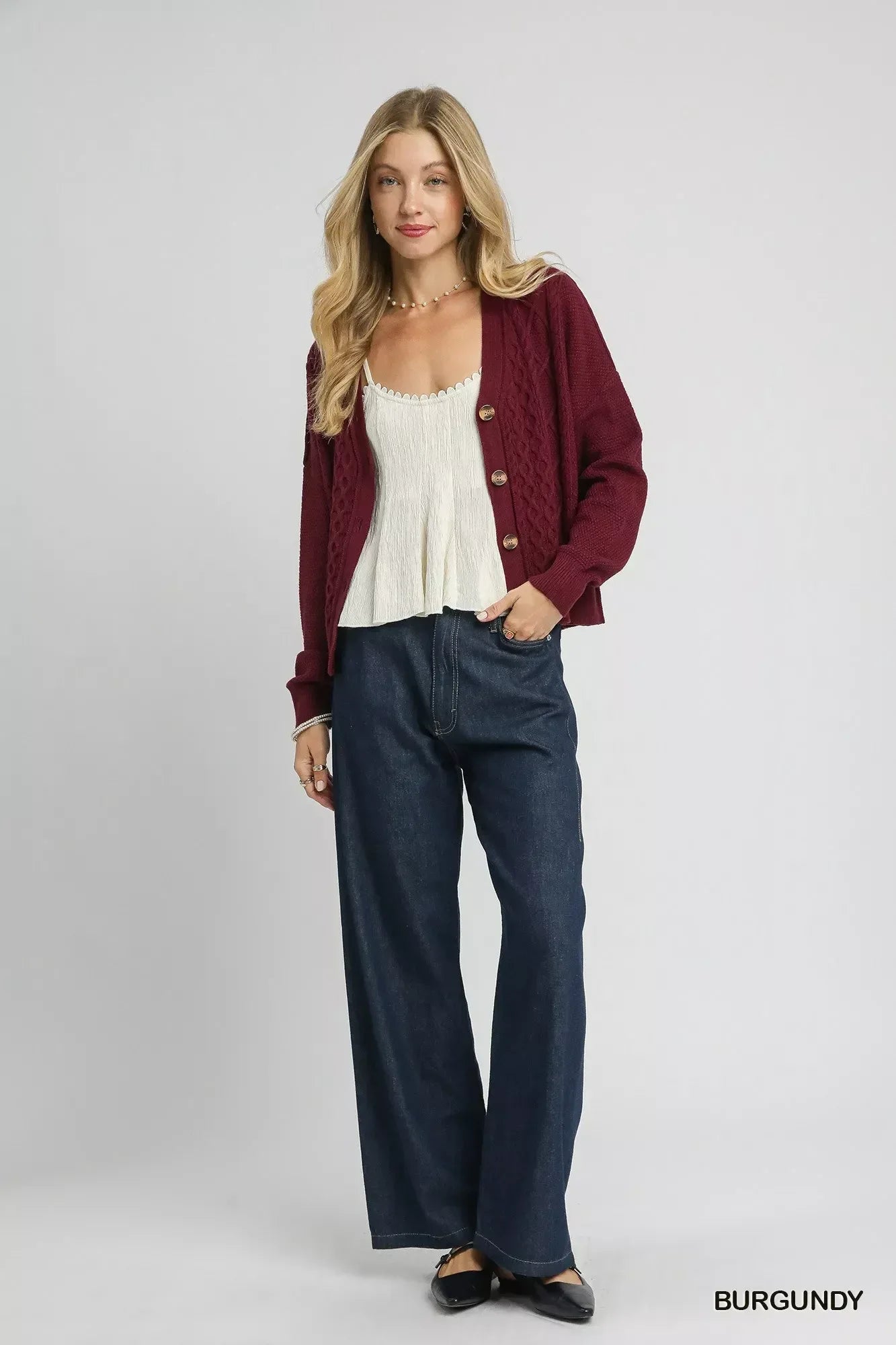 Umgee Chunky Cable Knit V-Neck Button-Up Cardigan Burgundy - DAVERRI FASHIONS