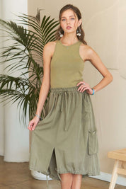 ADORA Drawstring Sleeveless Washed Dress Lt Olive