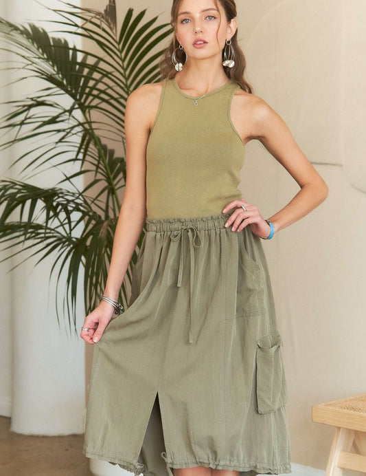 ADORA Drawstring Sleeveless Washed Dress Lt Olive