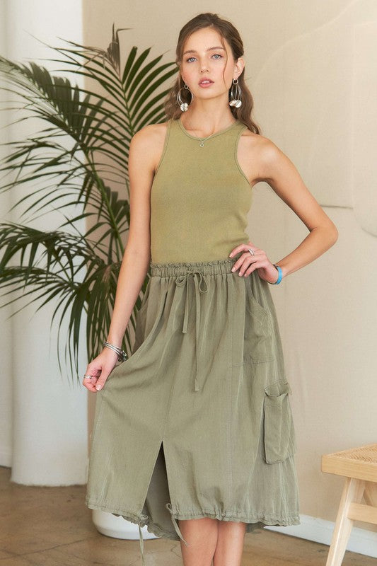 ADORA Drawstring Sleeveless Washed Dress Lt Olive