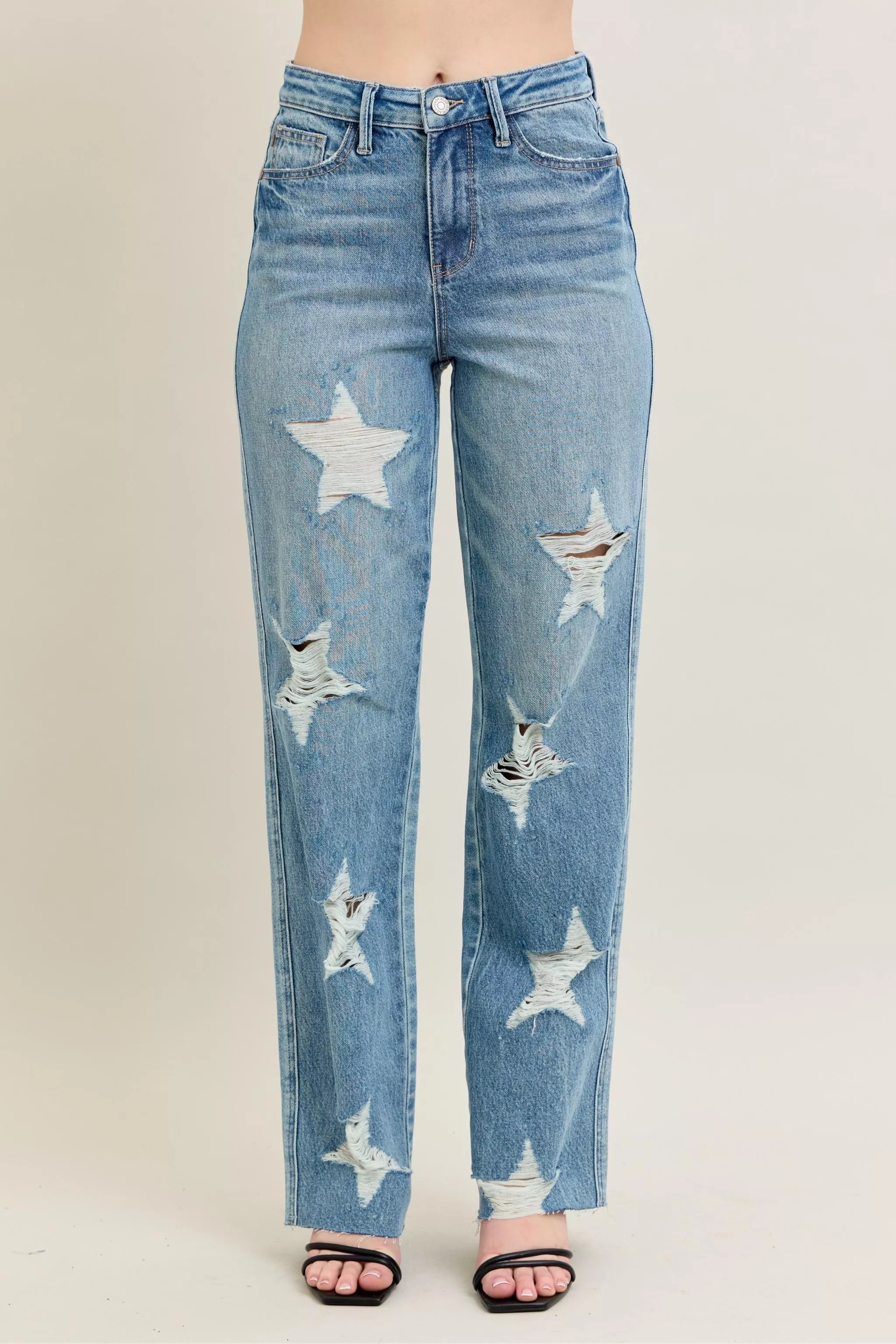 MD Judy Blue Full Size High Waist Rigid Magic Star Shaped Destroy 90's Straight Jeans Plus Size | Jeans Daverri Fashions