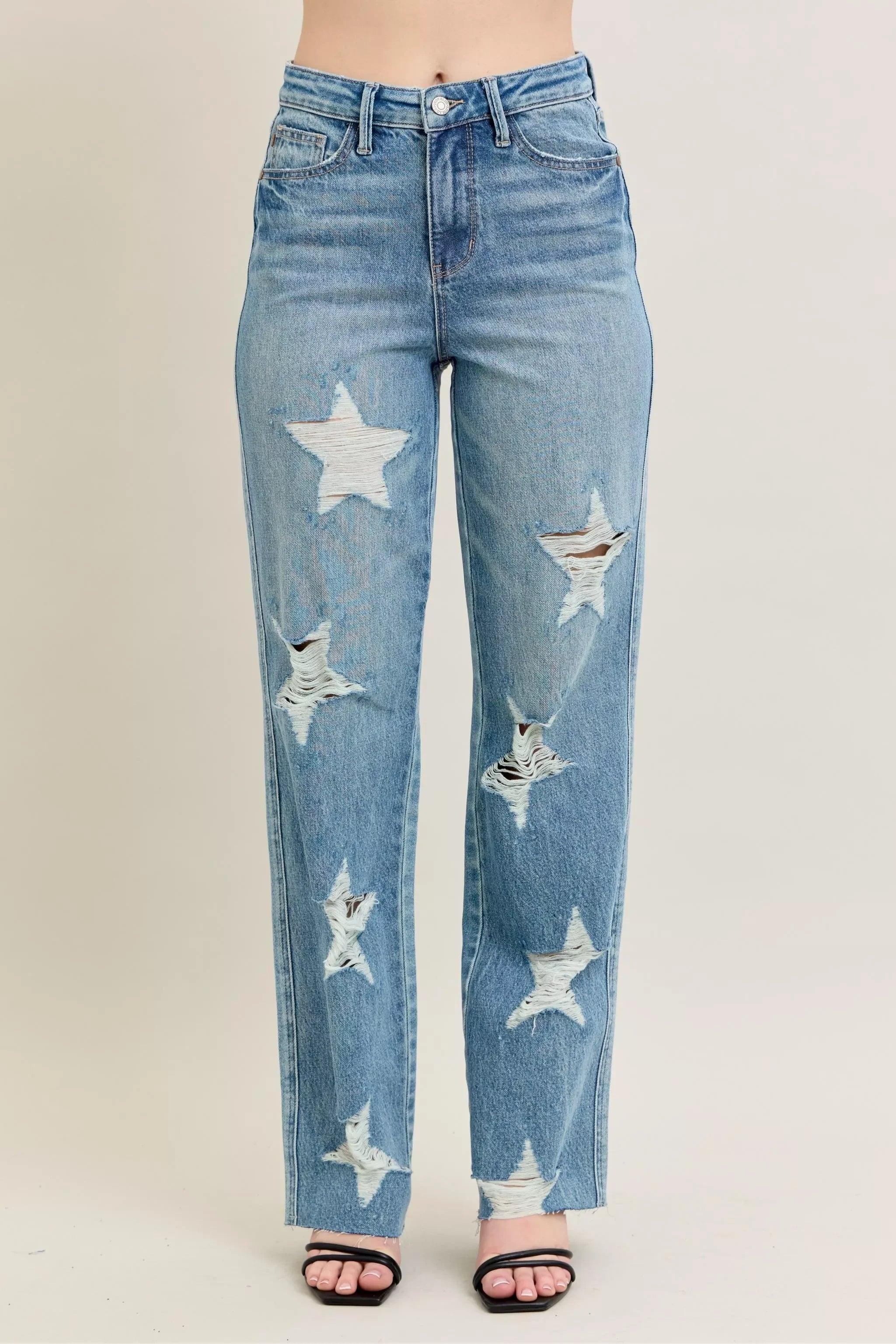 Judy Blue Full Size High Waist Rigid Magic Star Shaped Destroy 90's Straight Jeans Plus Size - DAVERRI FASHIONS