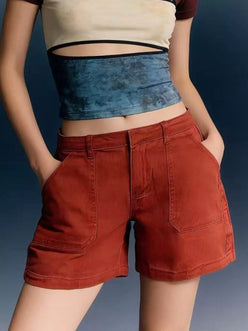 Daverri Pocketed Denim Shorts: rust-colored high-waisted with front pockets