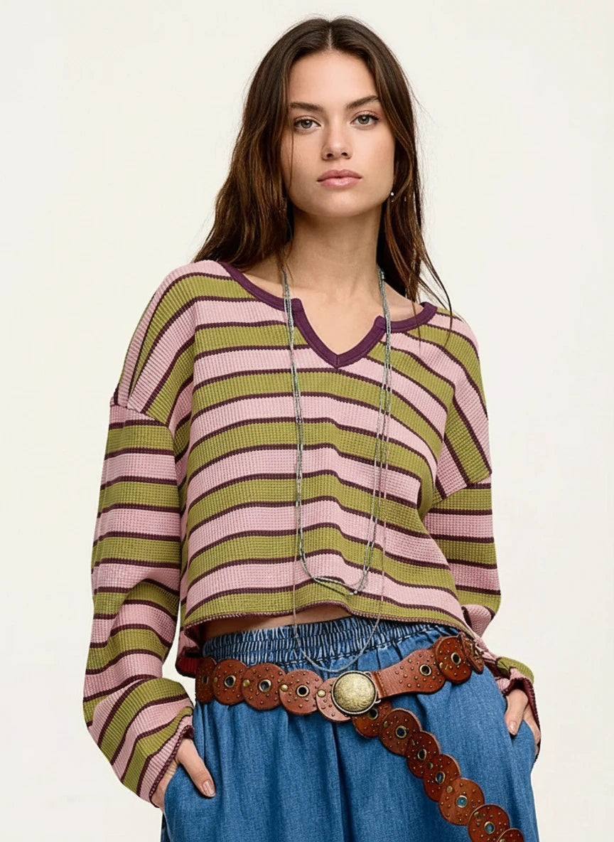 Daverri Fashions pink green striped v-neck ribbed knit sweater