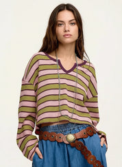 Daverri Fashions pink green striped v-neck ribbed knit sweater